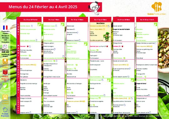 Menus pause méridienne pour la période du 24 février au 04 Avril 2025